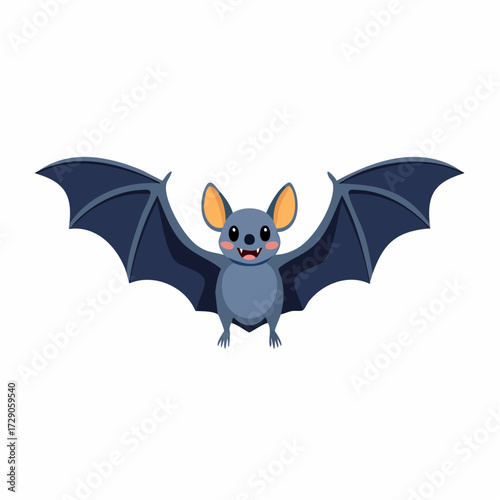 Adorable cartoon bat character flying with its wings wide open. A cute and happy nocturnal animal illustration perfect for children's designs or Halloween themes, isolated on a white background