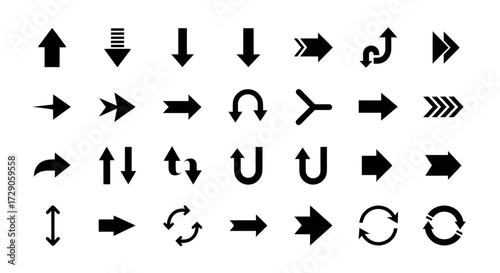 Black arrows flat icons. Set for web design. Direction pointers vector icons. Big collection. Vector set of black arrow signs.isolated on white backgrond