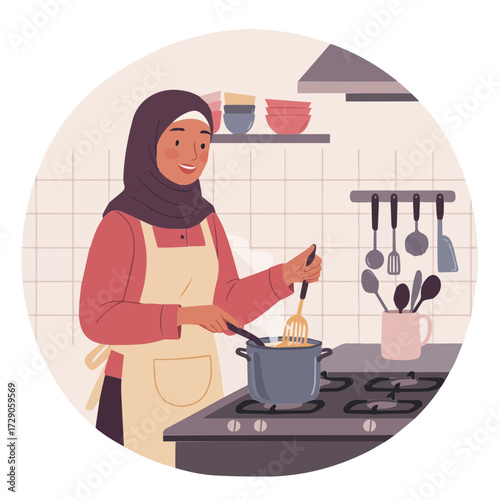 Cheerful Muslim woman cooking delicious meal at home kitchen