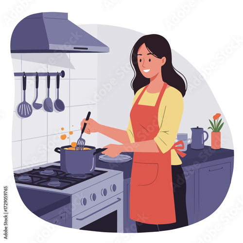 Happy woman cooking delicious meal in modern kitchen with utensils