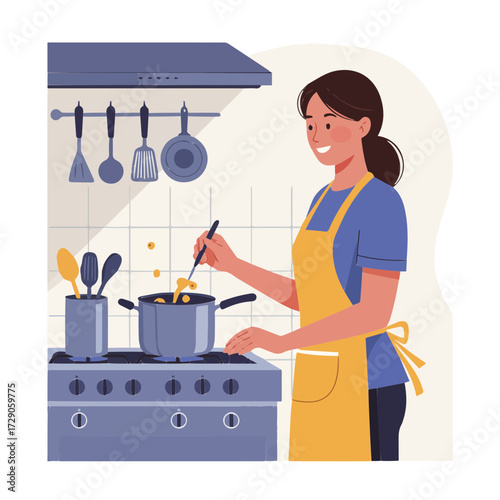 Joyful woman cooking delicious meal in modern kitchen