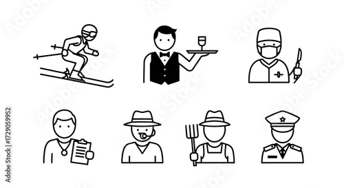 Diverse professions line art icon set, showcasing several occupations, each with their unique tools and attributes Vector illustration