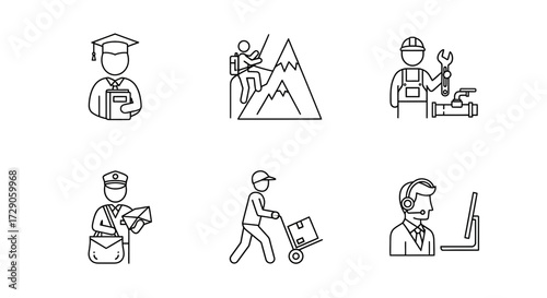 A diverse collection of six illustrations, each depicting a different occupation with minimalist line art, with varying people and object Vector illustration