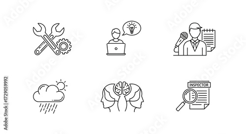 A collection of six simple line icons on a range of concepts Vector illustration