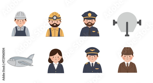 Various professionals and objects on a white surface. The image presents professions such as construction worker, miner, police officer, pilot, stewardess, spotlight, and airplane Vector illustration