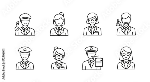 A collection of diverse professional icons, each representing a different occupation, elegantly illustrated with clean lines and minimalist detail Vector illustration