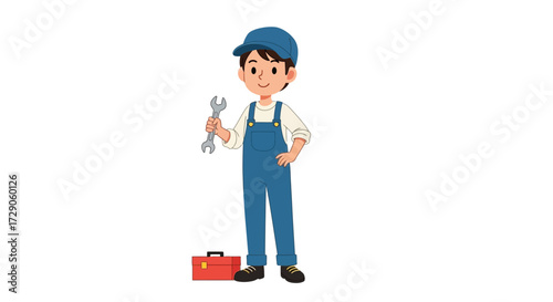 A skilled mechanic standing confidently, holding a wrench, with a toolbox nearby Vector illustration