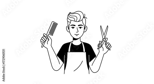 A stylized illustration of a barber holding comb and scissor. The barber is dressed in an apron and looks directly at the viewer.  Vector illustration