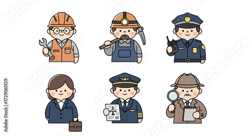 Diverse professions illustrated, showcasing various careers. Six individuals represent different fields, embodying expertise and dedication. Vector illustration