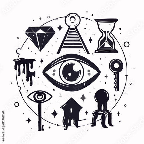 Mystical Elements Eye, Hourglass, Diamond & Key Illustration