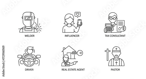 Diverse professions illustrated in simple line drawings, including a welder, influencer, tax consultant, driver, real estate agent, and pastor. Vector illustration