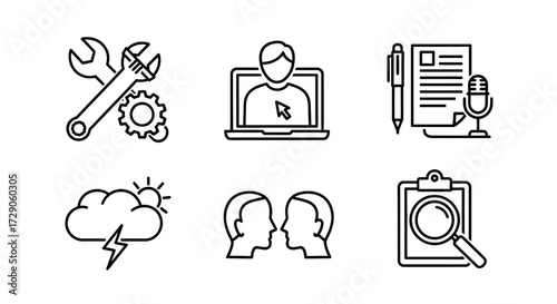 A collection of line art icons showing a wrench, gears, person and laptop, pen and paper, microphone and voice recording, lightning, clouds, people and faces Vector illustration