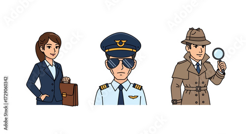 Three different professionals stand proudly against the backdrop. A woman with a briefcase, a pilot with shades, and a detective with a magnifying glass are highlighted. Vector illustration