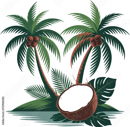 Two palm trees on a small island with a halved coconut and tropical leaves nature