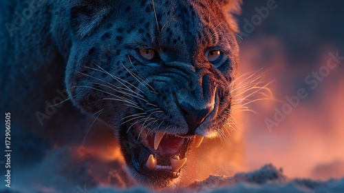 Big cat in motion at night, dust trails, dynamic pose, detailed texture, low light, high contrast. clouds of dust, intense and dramatic.