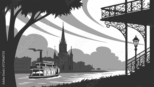 Stunning black and white new orleans skyline with a riverboat is perfect for travel brochures, city guides, and posters. Suitable for editorial or commercial use.