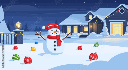 Whimsical winter wonderland with a cheerful snowman amidst festive decorations and cozy houses