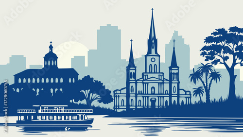 New orleans skyline, boat near jackson square highlights citys charm. Suitable for travel brochures, city guides, postcards, and tourism websites.