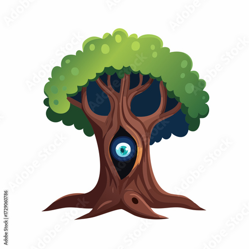 A mystical cartoon tree with a large, all-seeing eye peering out from its trunk, symbolizing an ancient enchanted forest guardian