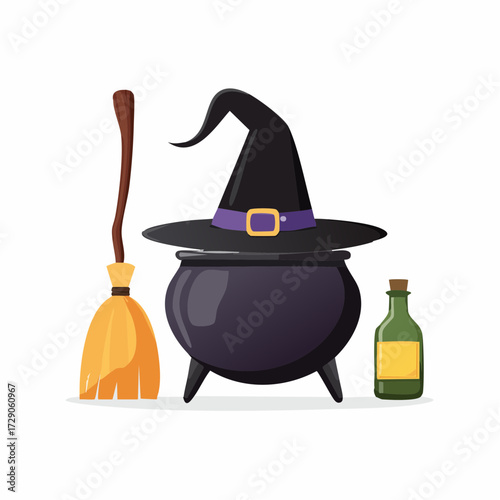 Classic witchcraft essentials for Halloween, a vector illustration of a witch's cauldron, pointy hat, broom, and green potion isolated on a white background