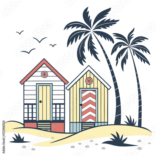 Charming beach huts with palm trees and seagulls under a clear sky on a sandy shore