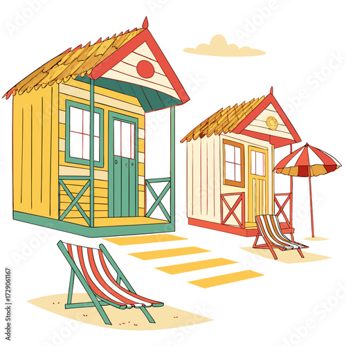Charming beach huts with thatched roofs deck chairs and a striped umbrella on a sandy shore
