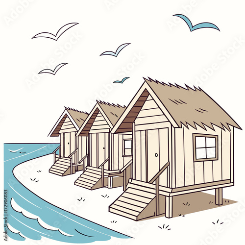 Charming beach huts with thatched roofs stand on stilts by the ocean with seagulls flying overhead
