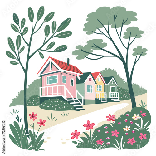 Charming row of colorful quaint cottages nestled amongst trees and blooming flowers on a sunny day