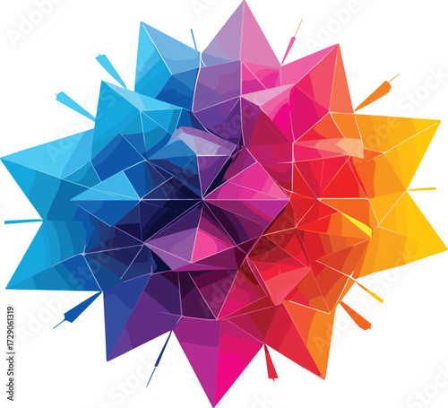 3D geometric polyhedron, abstract starburst shape, colorful gradient, digital art, symmetrical design, modern visualization, spiky structure, vibrant facets, creativity