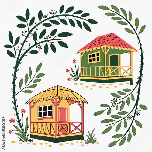 Charming tropical huts with thatched and tiled roofs surrounded by lush green foliage and small red flowers