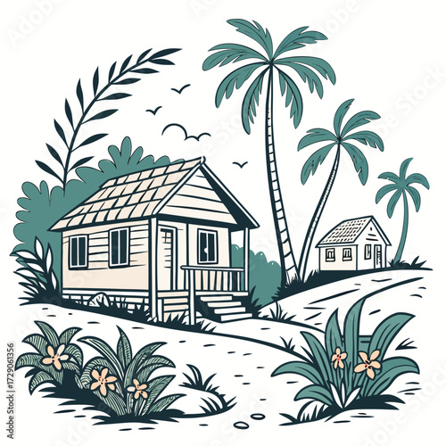Charming tropical island scene with two wooden bungalows palm trees and lush foliage under a clear sky