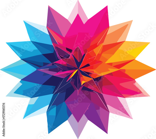 Abstract geometric flower, colorful starburst design, radial symmetry, layered polygons, vibrant gradient, digital art, modern pattern, creative shape, visual depth
