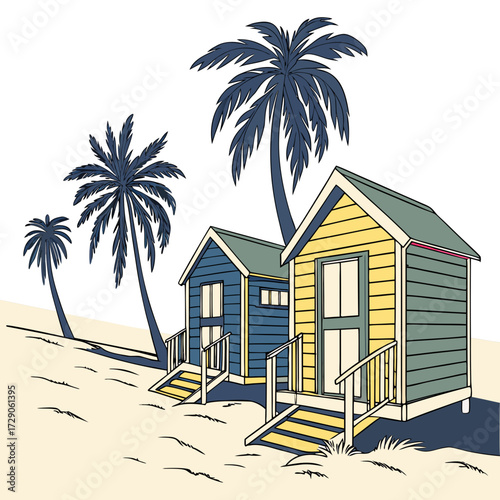 Colorful beach huts and palm trees on a sandy shore under a white sky