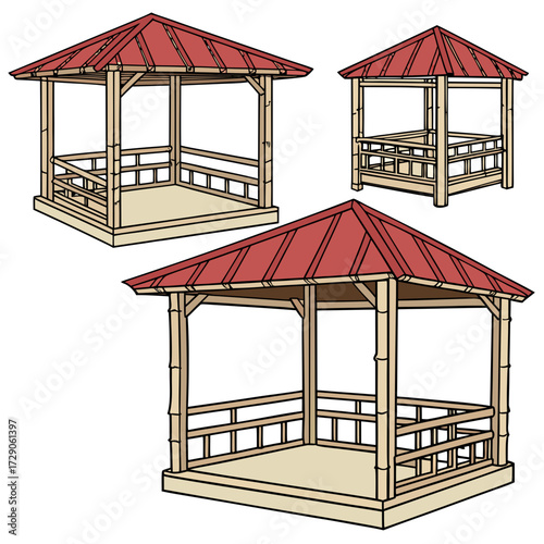 Collection of three wooden gazebos with red tiled roofs and railings on white background