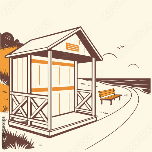 Retro style illustration of a beach hut with a wooden bench overlooking the ocean and a winding path
