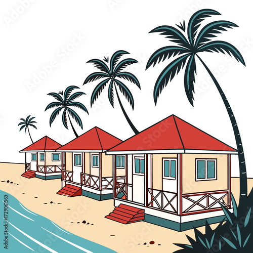 Row of colorful tropical bungalows with red roofs and palm trees on a sandy beach by the ocean
