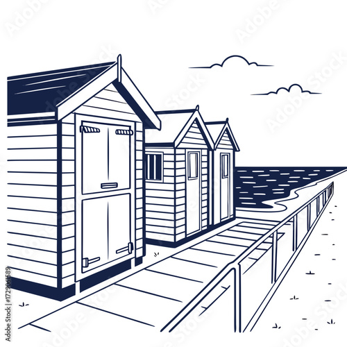 Row of traditional wooden beach huts lined up along a promenade beside the sea