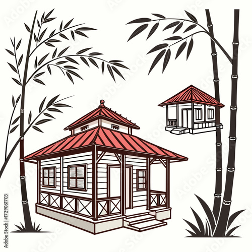 Traditional southeast asian wooden house with red roof surrounded by bamboo trees in a minimalist illustration style