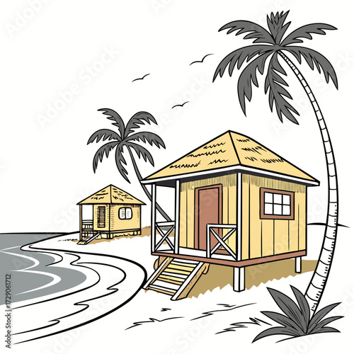 Tropical beach bungalows with palm trees and ocean waves under a clear sky with birds