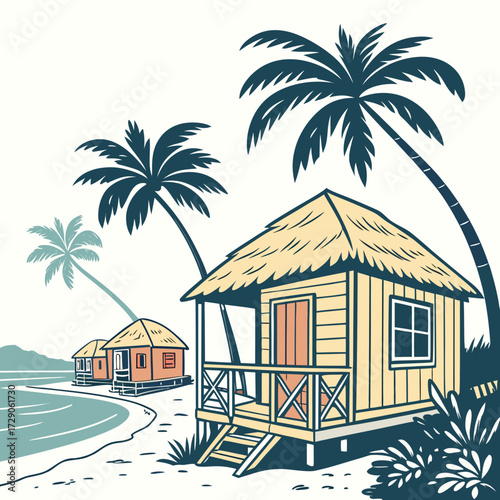 Tropical beach bungalows with thatched roofs and palm trees on a sunny day