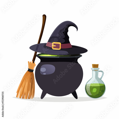 Cartoon illustration of a magical witch's cauldron brewing a green potion with a hat and broomstick for Halloween