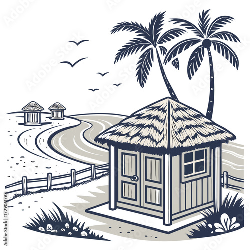 Tropical beach scene with a thatched roof hut palm trees and distant bungalows under a sky with birds