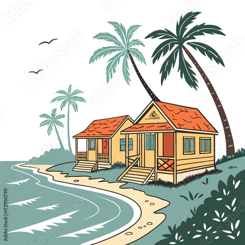 Tropical beach scene with two charming wooden bungalows nestled among palm trees overlooking the ocean
