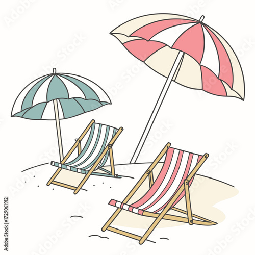 Two colorful beach chairs and umbrellas sit on a sandy shore under a bright sky