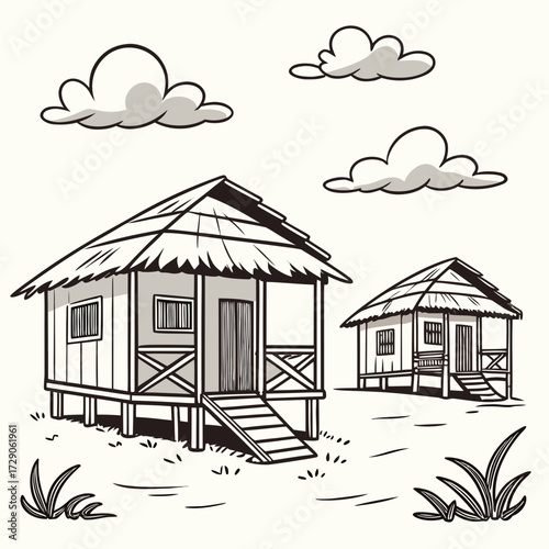 Two traditional stilt houses with thatched roofs and grassy surroundings under a cloudy sky