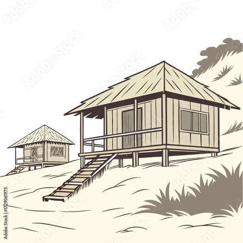 Two traditional stilt huts with thatched roofs on a sandy hillside with vegetation and a clear sky
