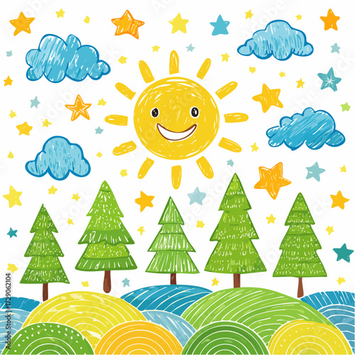 Charming Hand-Drawn Illustration of a Cheerful Sun Shining Over a Whimsical Landscape with Trees and Stars