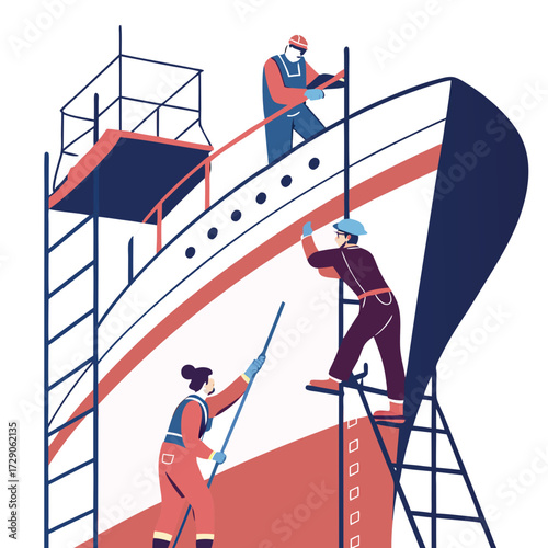 Diverse team of workers in safety gear performing maintenance and repairs on a large ship hull