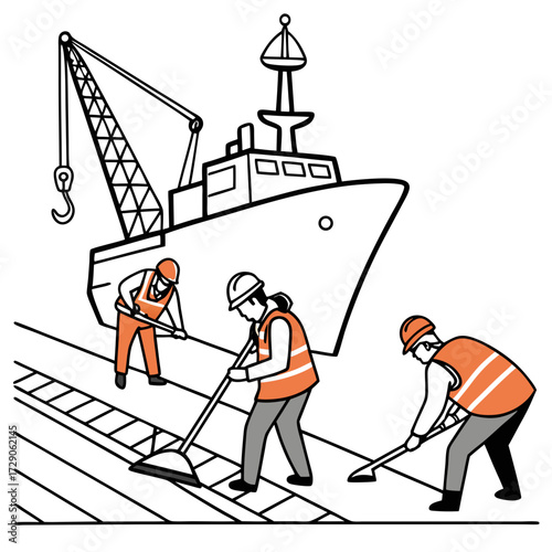 Dockworkers in high visibility vests performing manual labor next to a large cargo ship and crane