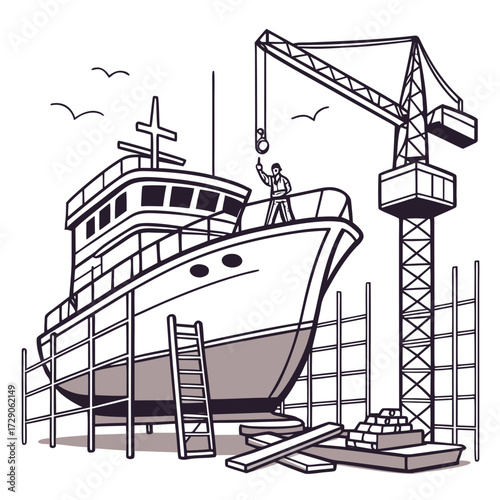 Illustrative scene of a large ship being constructed in a dry dock with a crane and worker